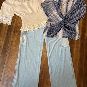 Bundle: Light Blue Drawstring Casual Pants; 3/4 sleeve top; short sleeve top